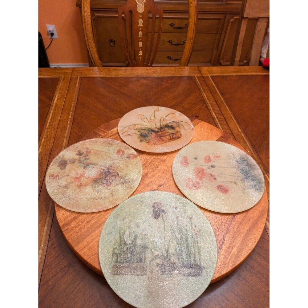 Plate  Coasters, 8", Pressed Flowers Asset Of 4